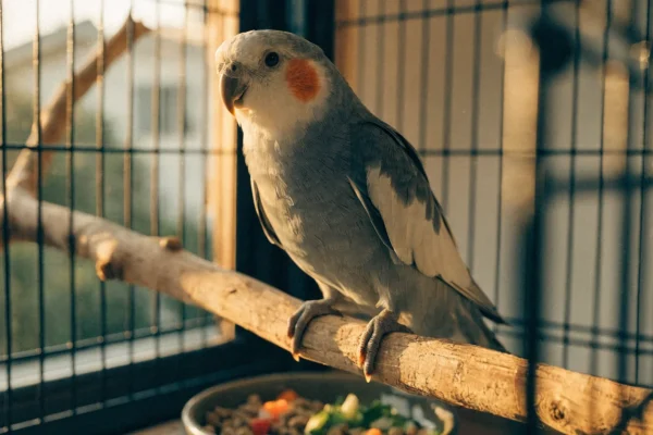 Grey cockatiel perched on a natural branch inside a cage with food bowls below