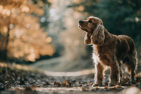 Golden cocker spaniel standing on an autumn forest trail with warm afternoon light filtering through the canopy