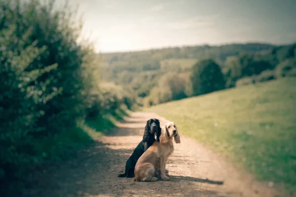 Black and buff cocker spaniels together outdoors, showing contrasting coat color genetics