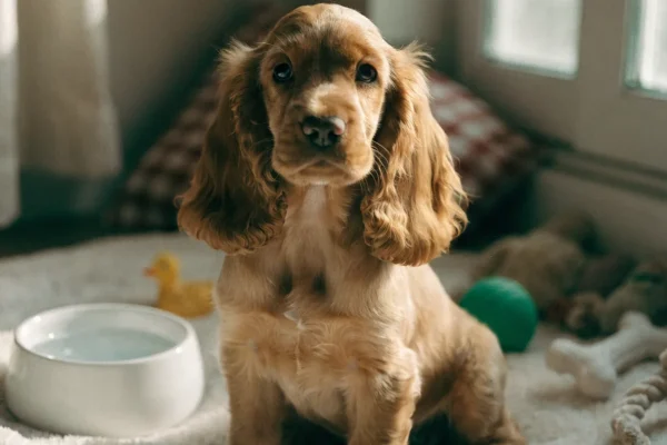 Cocker spaniel puppy sitting among toys in a home nursery setting