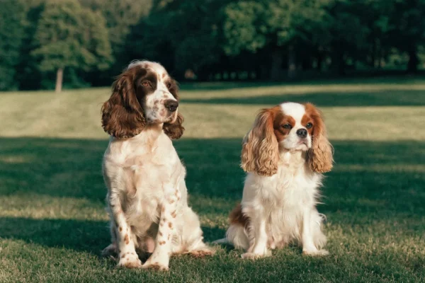 English Cocker Spaniel and Cavalier King Charles Spaniel sitting side by side outdoors