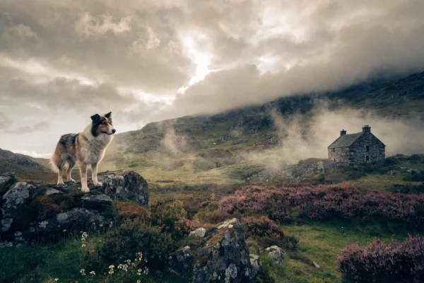 Sable and white rough collie on a rocky outcrop above a misty Scottish Highland valley with heather and stone cottage