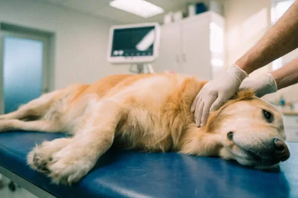 Veterinarian examining a golden retriever's lymph nodes during a cancer screening