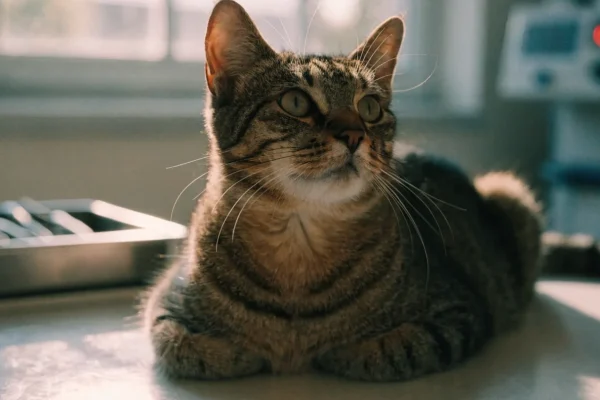 Tabby cat resting calmly on a veterinary examination table in a well-lit clinic