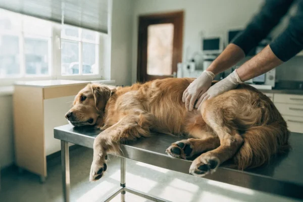 Veterinarian examining a golden retriever on an examination table during a routine health checkup