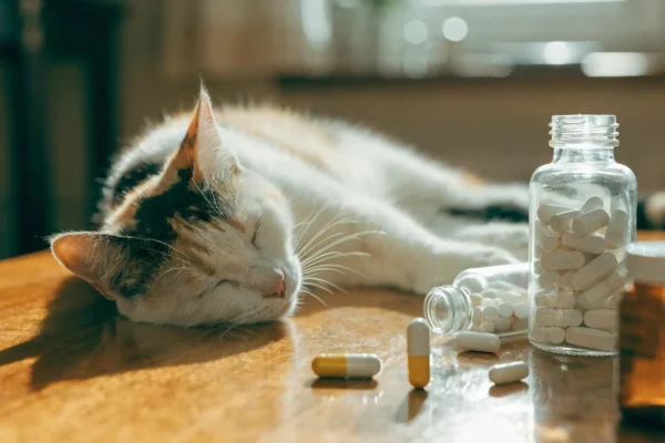 Cat sleeping beside open medication bottles on a wooden surface, illustrating accidental medication access risk