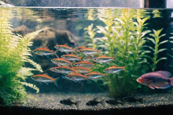 Community aquarium with neon tetras, dwarf gouramis, and corydoras in a planted tank