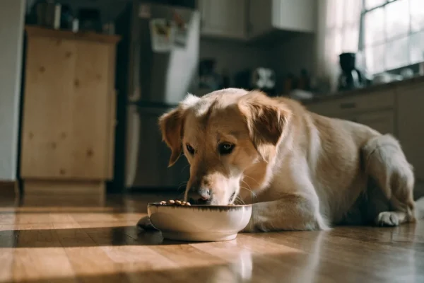 Golden retriever eating from a ceramic bowl in a sunlit kitchen, illustrating healthy dog feeding habits