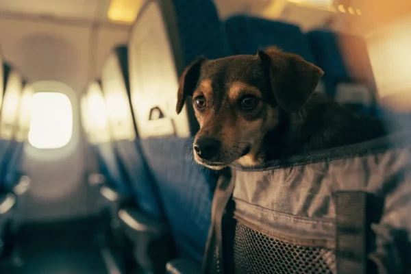 Small dog resting inside an airline-approved soft carrier stored under an airplane seat during a flight