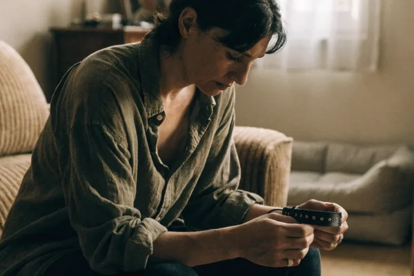 Person sitting on couch holding a pet collar, remembering a beloved pet
