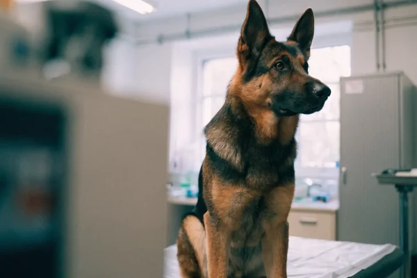 Adult German Shepherd dog waiting during a veterinary vaccination appointment