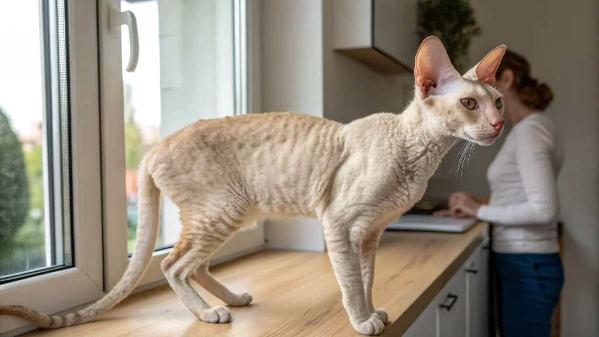 Cream Cornish Rex cat with distinctively wavy coat and large ears standing on a wooden surface