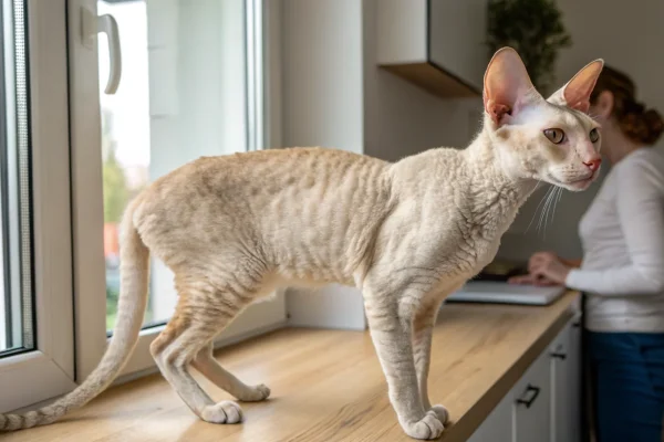 Cream Cornish Rex cat with distinctively wavy coat and large ears standing on a wooden surface