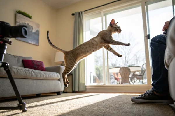 Cornish Rex cat leaping during play, showing athletic build and arched posture