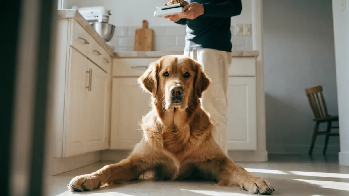 Dog owner weighing kibble portion on a kitchen scale for an overweight golden retriever