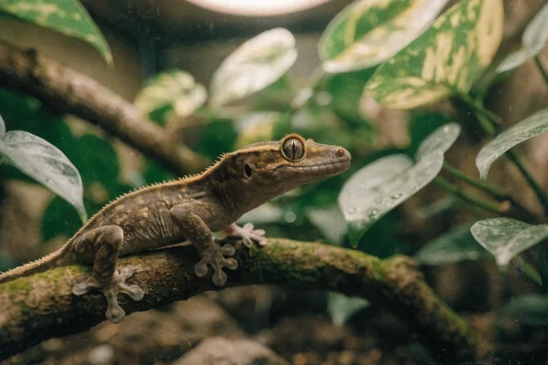Adult crested gecko perched on a branch in a planted vivarium with moisture droplets on surrounding leaves