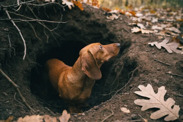 Red smooth dachshund standing alertly at the entrance of an earth burrow in an autumn European forest