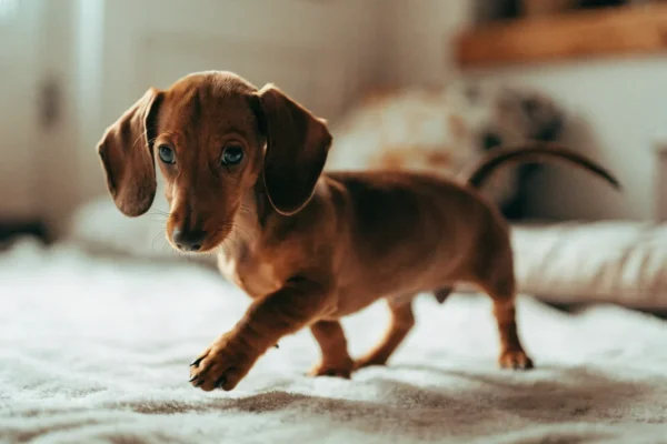 Dachshund puppy standing on a blanket in a cozy indoor setting
