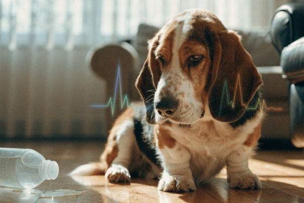 A Basset Hound with a glowing medical scan overlay, representing canine odor as an internal health indicator.