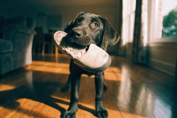 Puppy caught chewing a shoe, demonstrating common destructive behavior