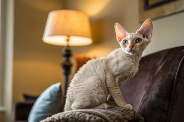 Devon Rex cat with wavy coat and large ears perched on the back of an armchair