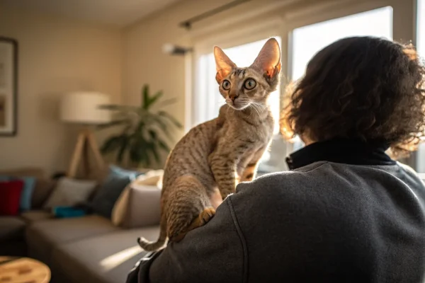 Devon Rex cat perched on a person's shoulder, looking alert in a warm living room