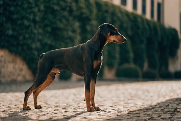 Black-and-tan Doberman Pinscher standing alert in a sunlit European cobblestone courtyard at golden hour