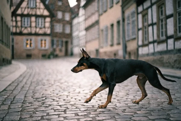 Black-and-tan Doberman Pinscher walking purposefully along a cobblestone street in a historic German town