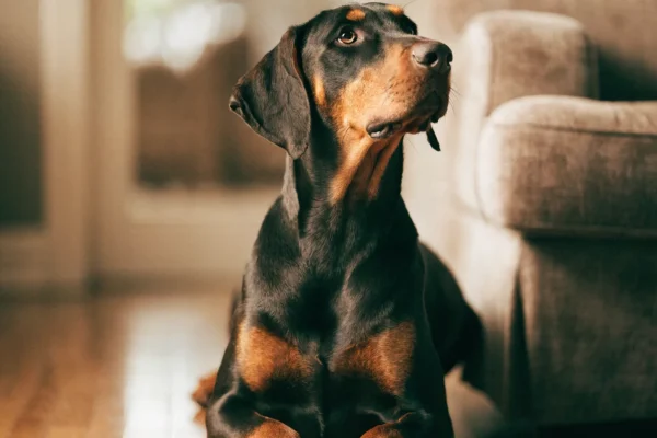 Red-and-rust Doberman Pinscher lying attentively beside its owner in a warmly lit living room