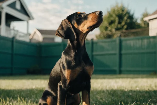 Doberman Pinscher puppy sitting alert in a fenced backyard
