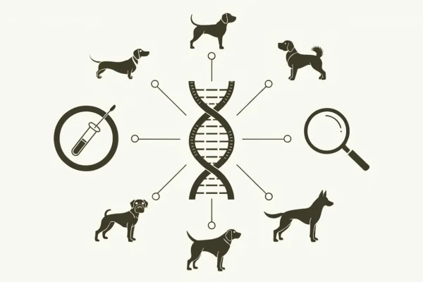 Conceptual illustration of DNA strands connecting to silhouettes of different dog breeds