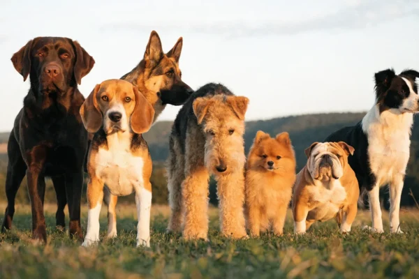 Seven different purebred dogs representing each breed group standing together in a sunlit grassy field