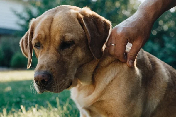 Owner examining a Labrador Retriever's skin and coat in a sunny backyard, checking for signs of allergies