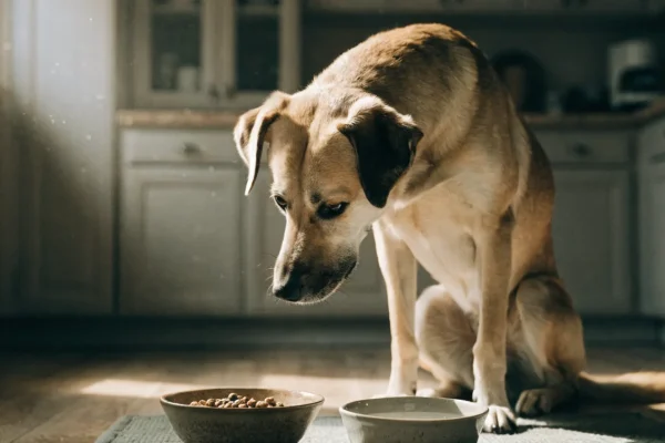 Mixed-breed dog sitting attentively in front of food bowls on a kitchen mat at mealtime
