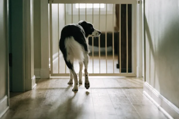Baby gate installed in a home hallway providing effective space management for a dog