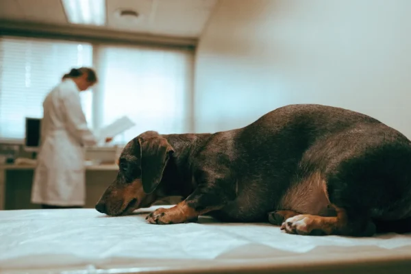 Dachshund resting on a veterinary examination table during a metabolic health assessment