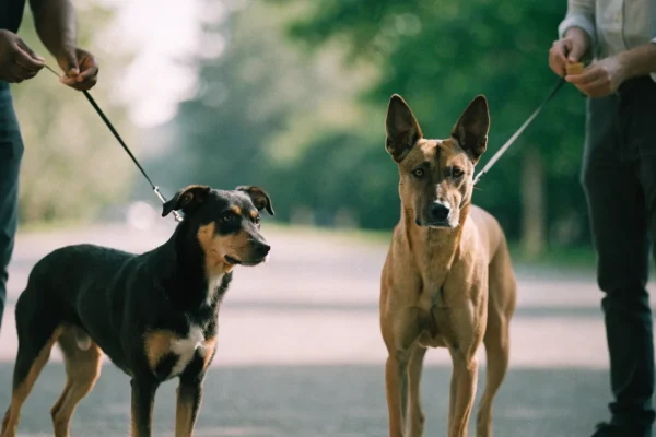 Handlers managing two dogs at threshold distance during training