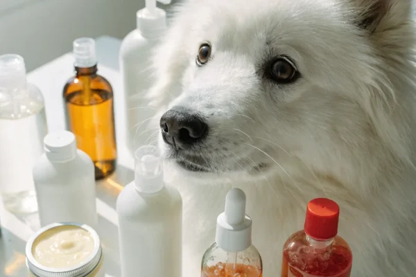 Various dog shampoo formula types alongside a freshly bathed dog
