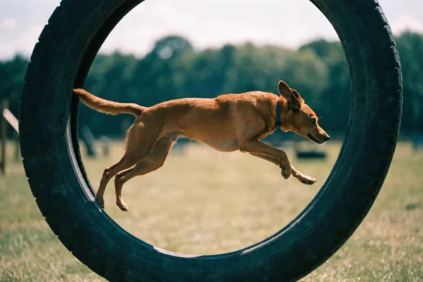 Dog jumping through agility tire obstacle, demonstrating the athleticism required for dog sports