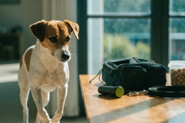 Essential dog training equipment laid out including treat pouch, clicker, leash, and training treats