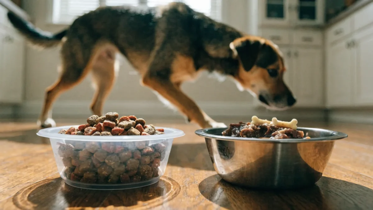 Comparison of dry kibble and wet food bowls for dogs