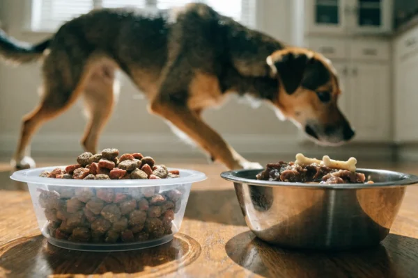 Comparison of dry kibble and wet food bowls for dogs