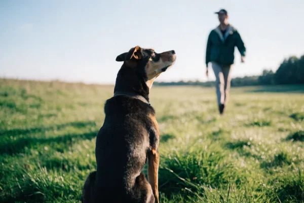 Dog holding stay while owner stands at distance on grass field