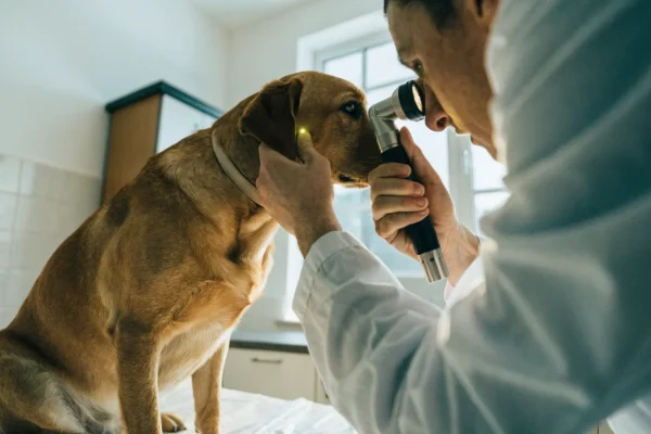 Veterinarian examining a dog's ear canal with an otoscope
