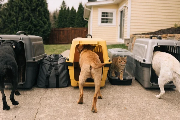 Three dogs and a cat in carriers on a driveway with an evacuation bag ready
