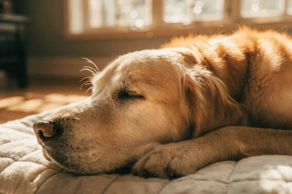 Elderly dog resting peacefully on an orthopedic bed — comfort-focused care makes the final chapter of a pet's life as peaceful as possible