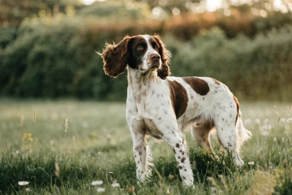 English Springer Spaniel with liver-and-white coat standing alert in a wildflower field during golden hour