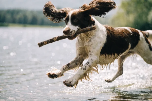 English Springer Spaniel running through shallow water retrieving a stick