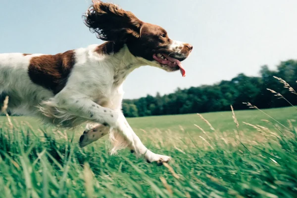 Liver and white English Springer Spaniel running through a grassy field