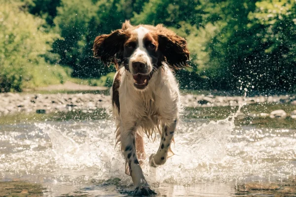 English Springer Spaniel running through a shallow stream with water splashing and green forest background